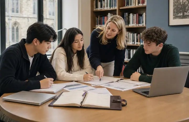 Étudiants travaillant la méthodologie académique avec un encadrement pédagogique