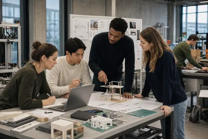 Équipe étudiante travaillant sur un projet appliqué dans un studio académique