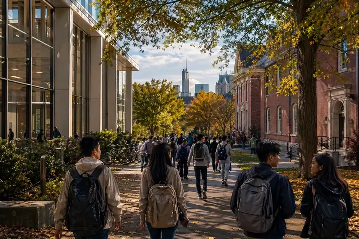 Étudiants en mobilité sur un campus urbain en Amérique du Nord