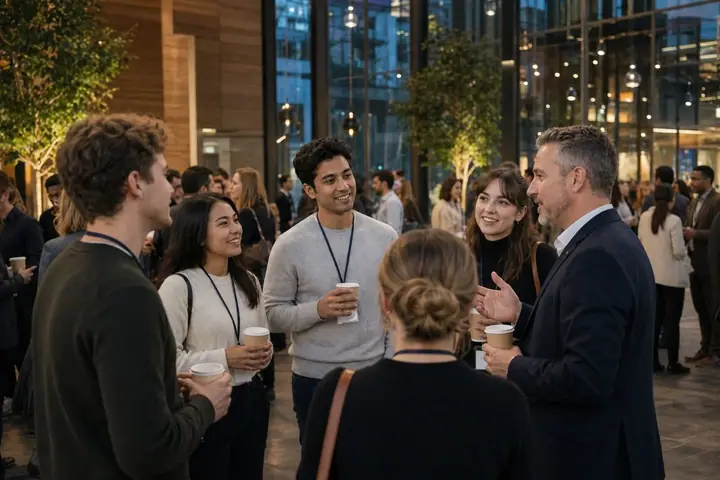 Jeunes participants échangeant avec des professionnels lors d’un événement de réseautage