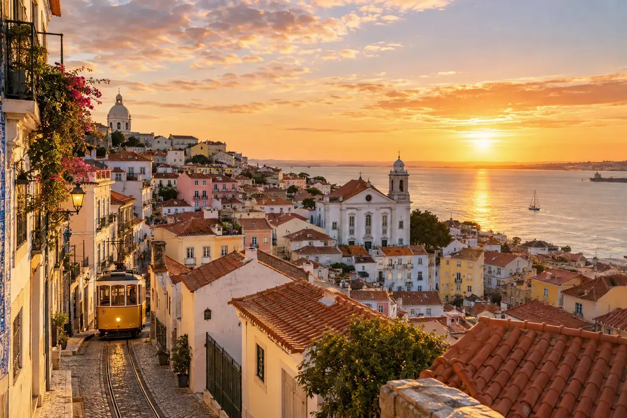 Tramway historique dans une ruelle de l’Alfama à Lisbonne, au coucher du soleil