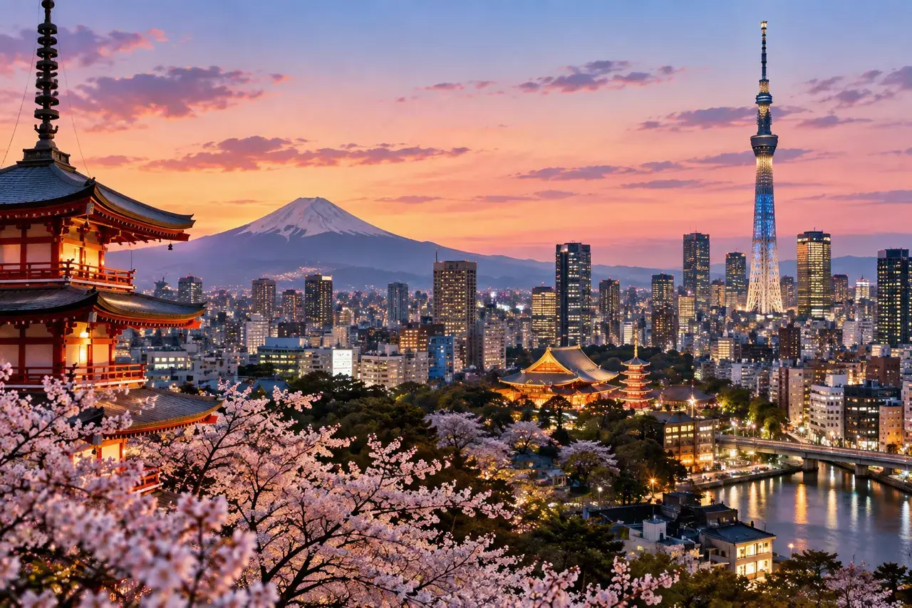 Skyline de Tokyo au coucher du soleil, avec le mont Fuji en arrière-plan