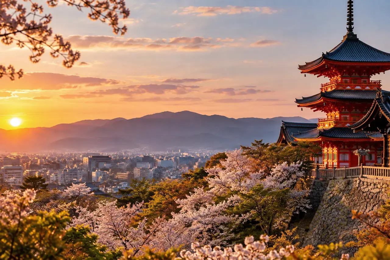Pagode et cerisiers en fleurs à Kyoto, au coucher du soleil