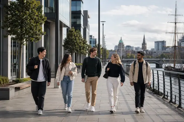 Étudiants internationaux en mobilité à Dublin sur les quais, en contexte Business Gap Year