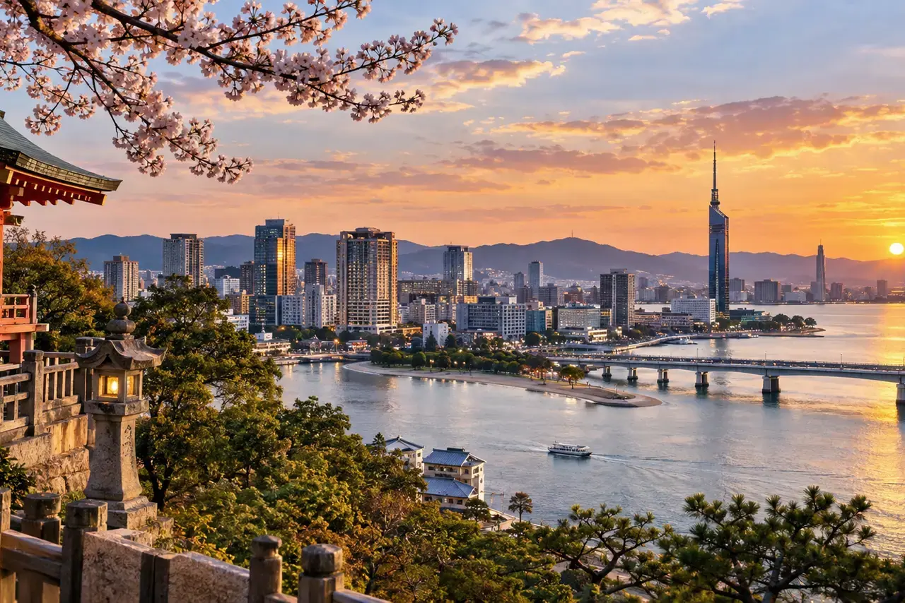 Baie de Fukuoka et gratte-ciel au coucher du soleil