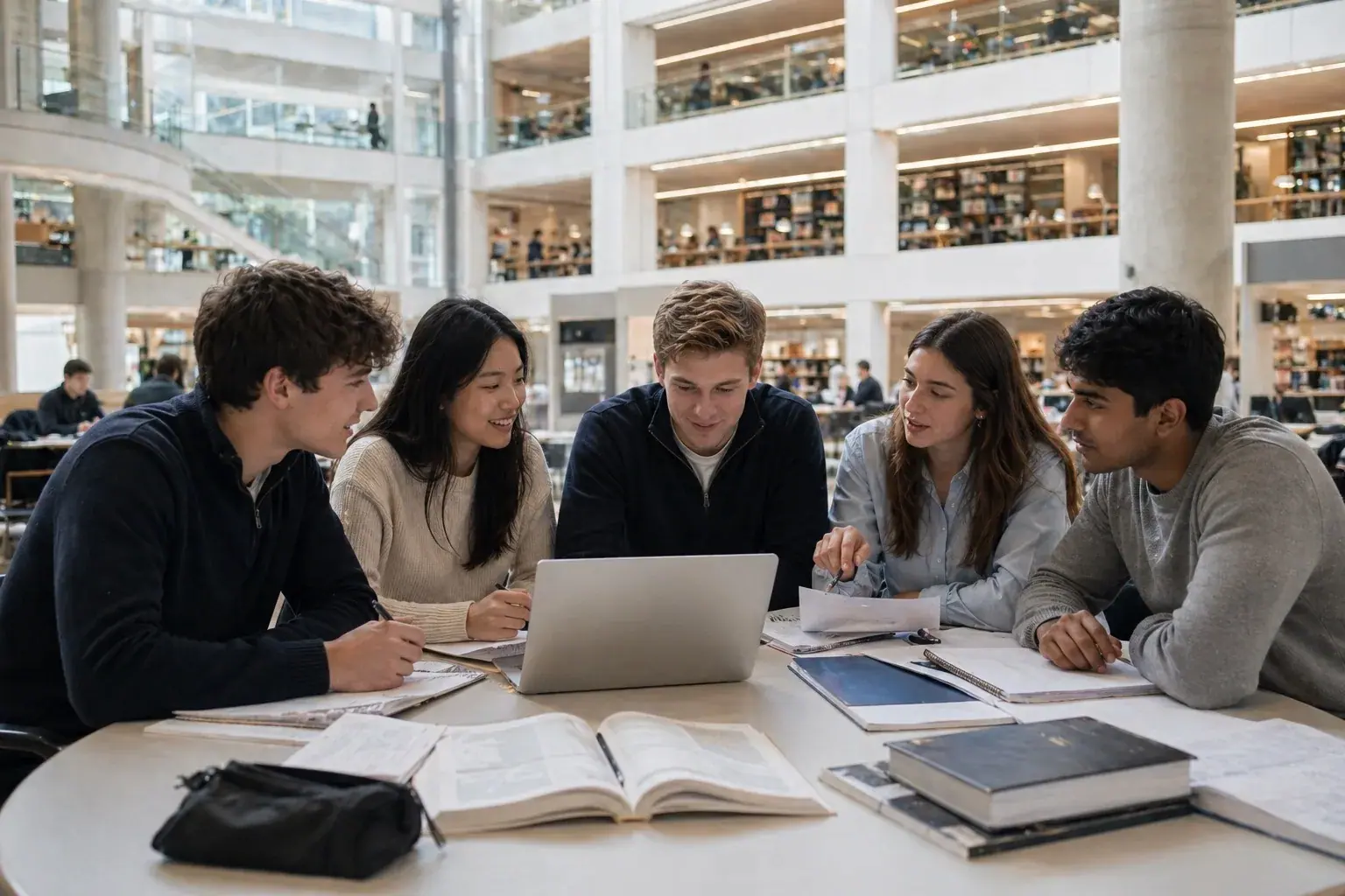 Étudiants internationaux en préparation pré-universitaire dans une grande bibliothèque de campus