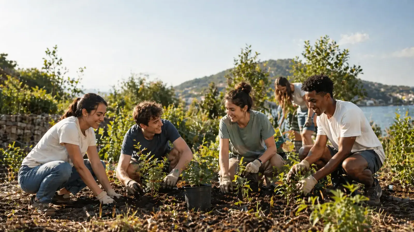 Jeunes volontaires engagés dans un projet collectif en plein air
