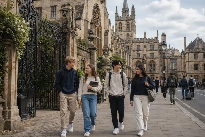 Étudiants dans une ville universitaire britannique avec architecture en pierre