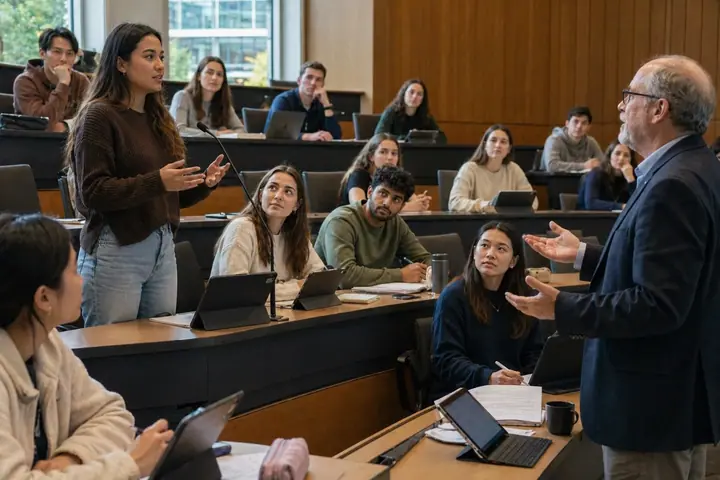 Cours universitaire interactif dans un campus nord-américain