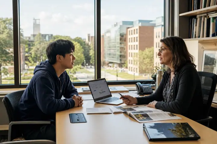 Entretien d’orientation avec une conseillère académique sur un campus nord-américain
