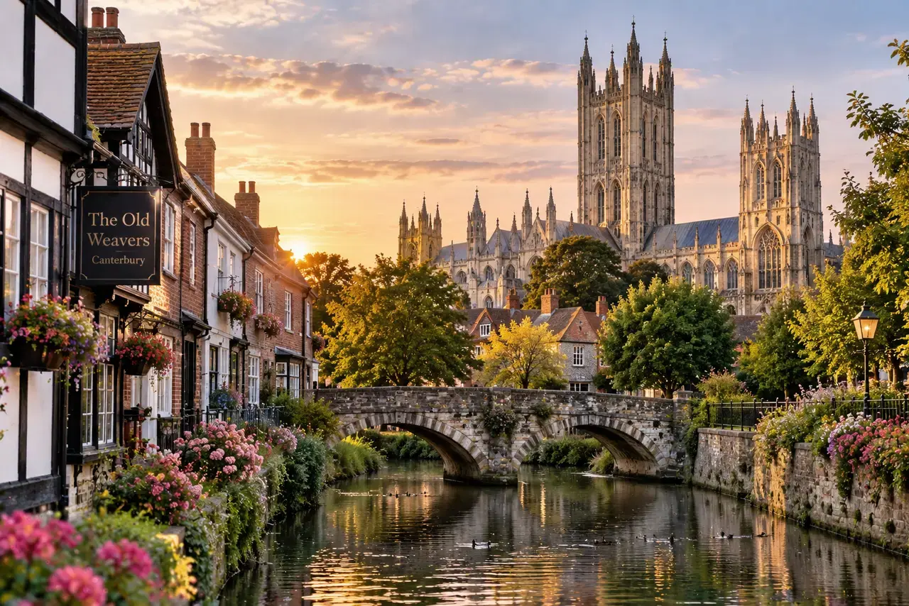 Cathédrale de Canterbury vue depuis le canal, au crépuscule