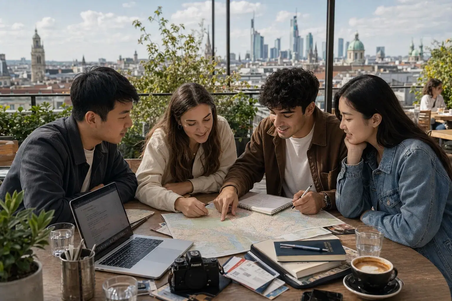 Jeunes adultes préparant un itinéraire multi-destinations et multilingue pendant un Gap Year