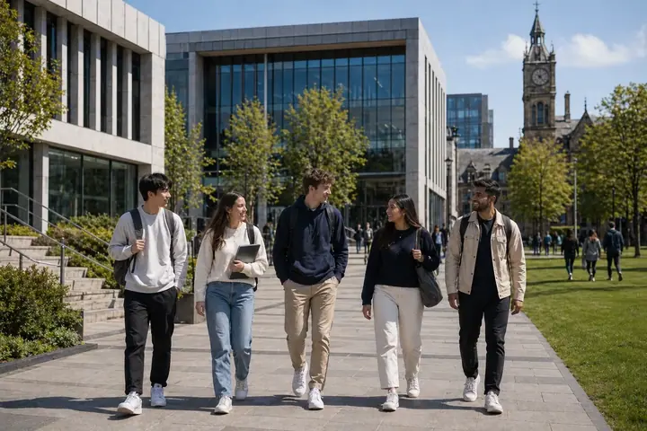 Étudiants sur un campus international moderne dans une ville universitaire