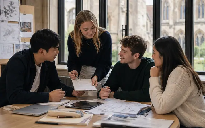 Étudiants travaillant en groupe sur un projet scolaire en Angleterre
